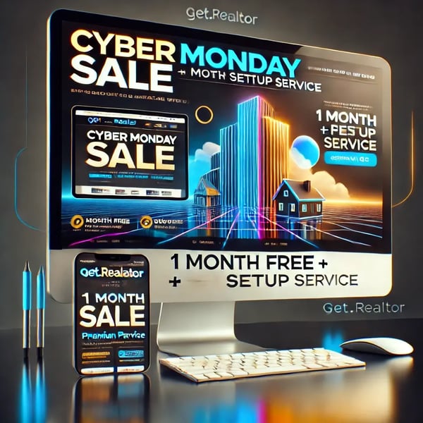 DALL·E 2024-12-01 16.28.02 - A Cyber Monday sale promotional image for a Premium Plus website from Get.Realtor. The design features a modern, clean aesthetic with sharp, bold Cyb