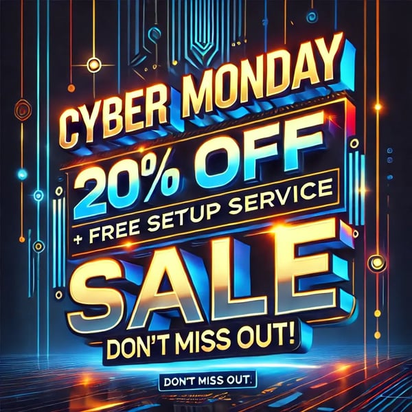 DALL·E 2024-12-01 17.05.04 - A Cyber Monday sale promotional image with a bold and clean design. The text 20% OFF + Free Setup Service is prominently displayed in large, sharp, 